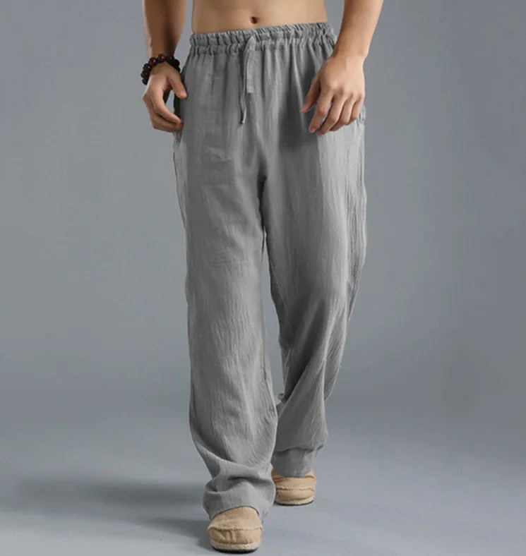Herren Yogahose – Leichte Baumwoll-Leinen Hose mit Kordelzug