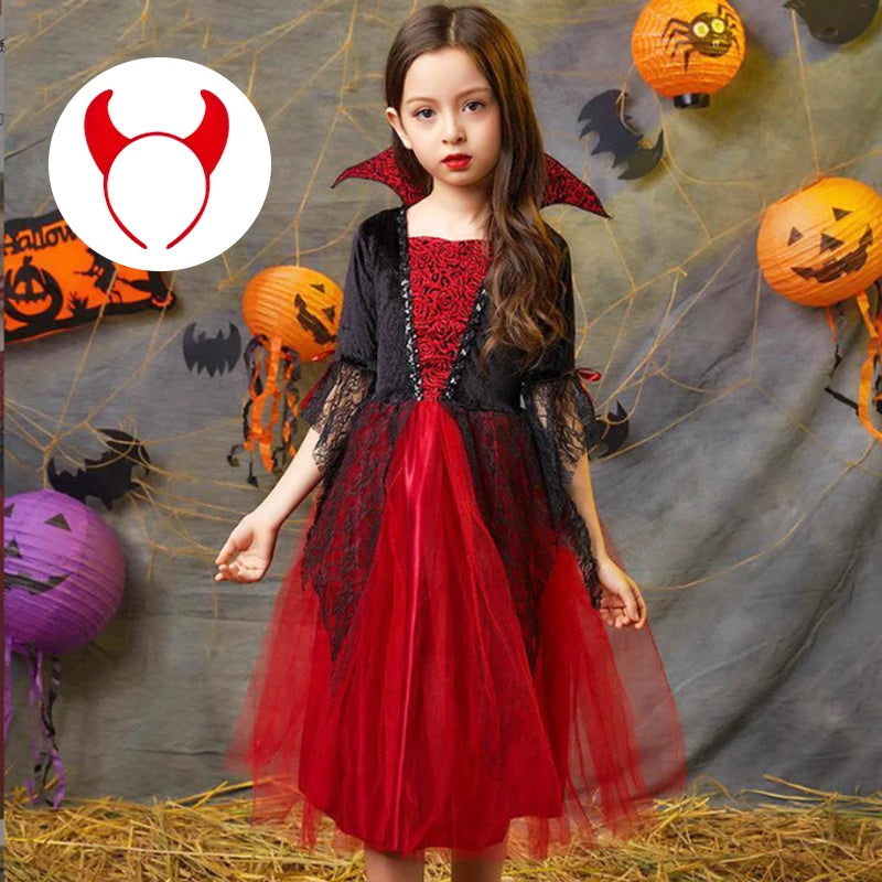 Halloween Kostüm Mädchen – Geisterbraut Mesh-Kleid mit Zubehör (110–160 cm)