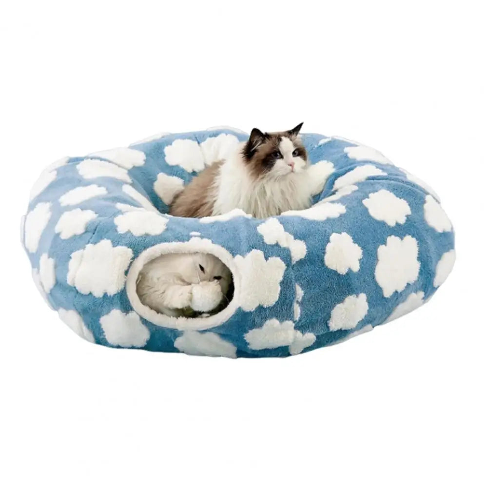 Katzentunnel-Bett mit Hängebällen – Waschbares Plüsch-Spieltunnel für Katzen