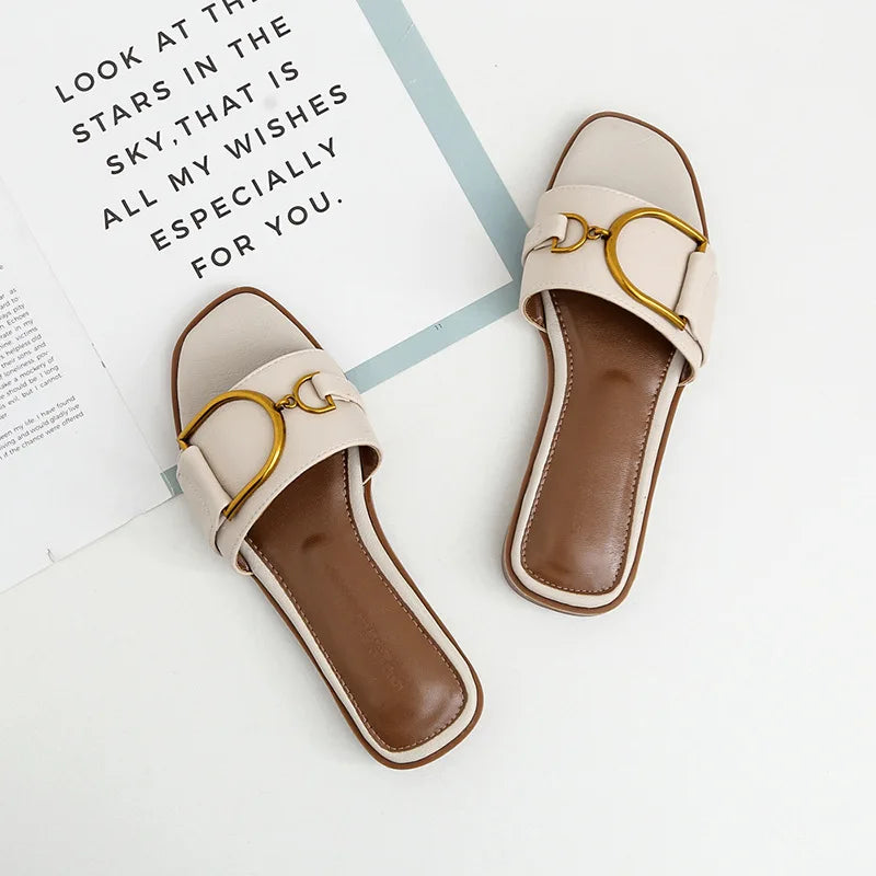 Damen Leder Sandalen – Flache Slides mit eckiger Zehenpartie