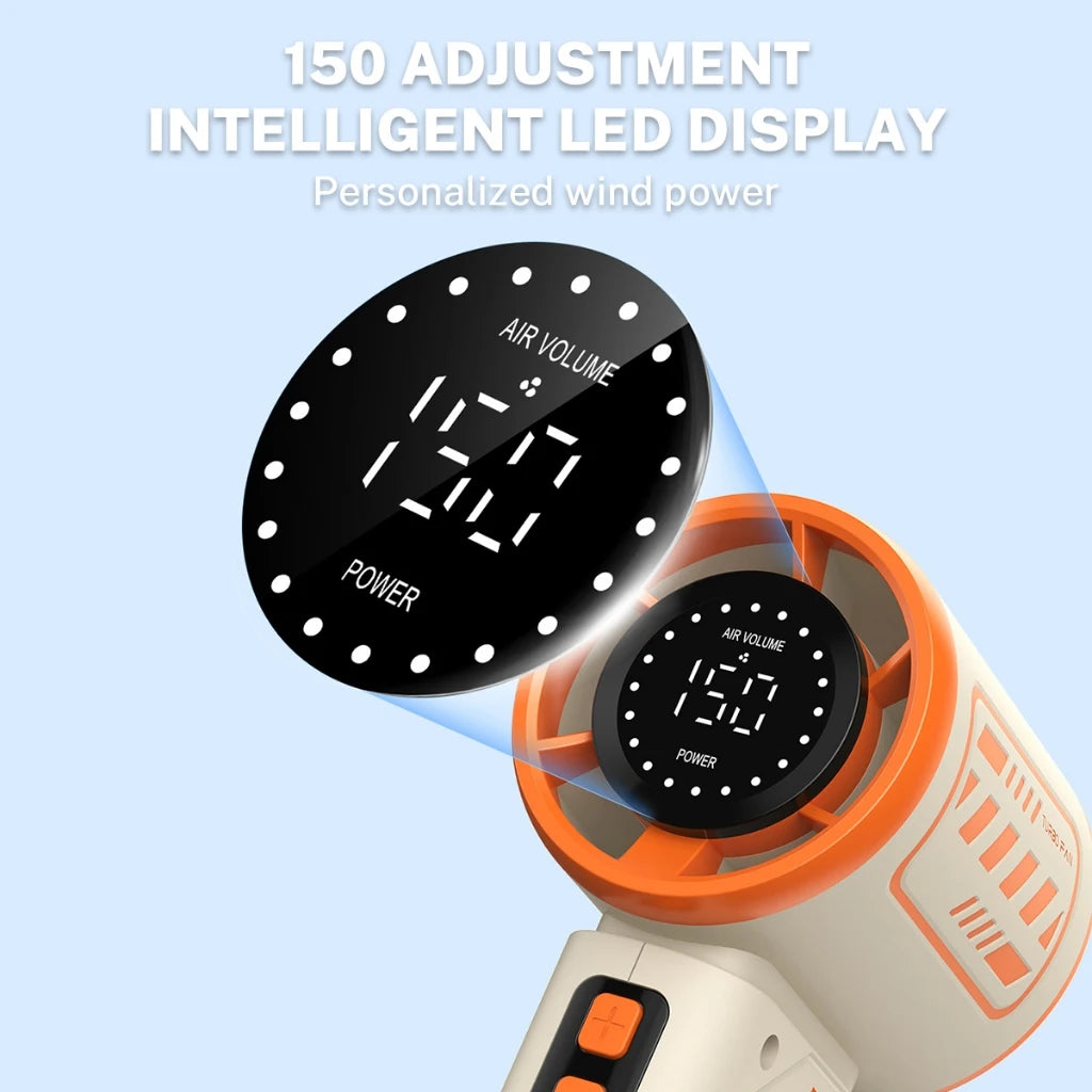 Mini Turbo Handventilator – 150 Stufen, 6000 mAh Akku, USB-C, LED-Display (Grün/Lila/Orange)