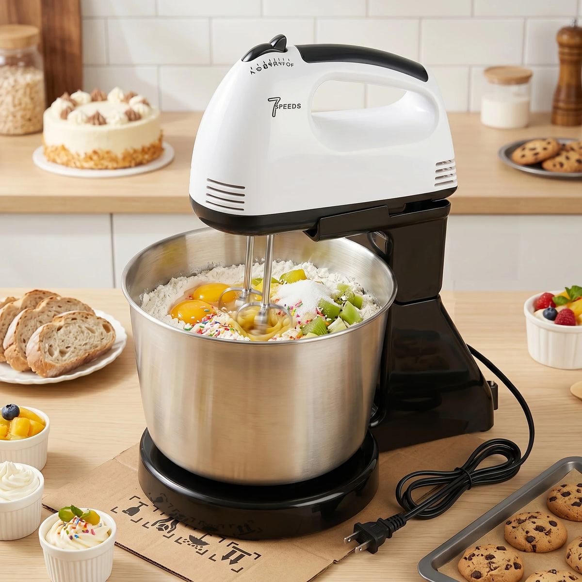Elektrischer Handmixer – 7 Stufen, 100W mit Edelstahlhaken