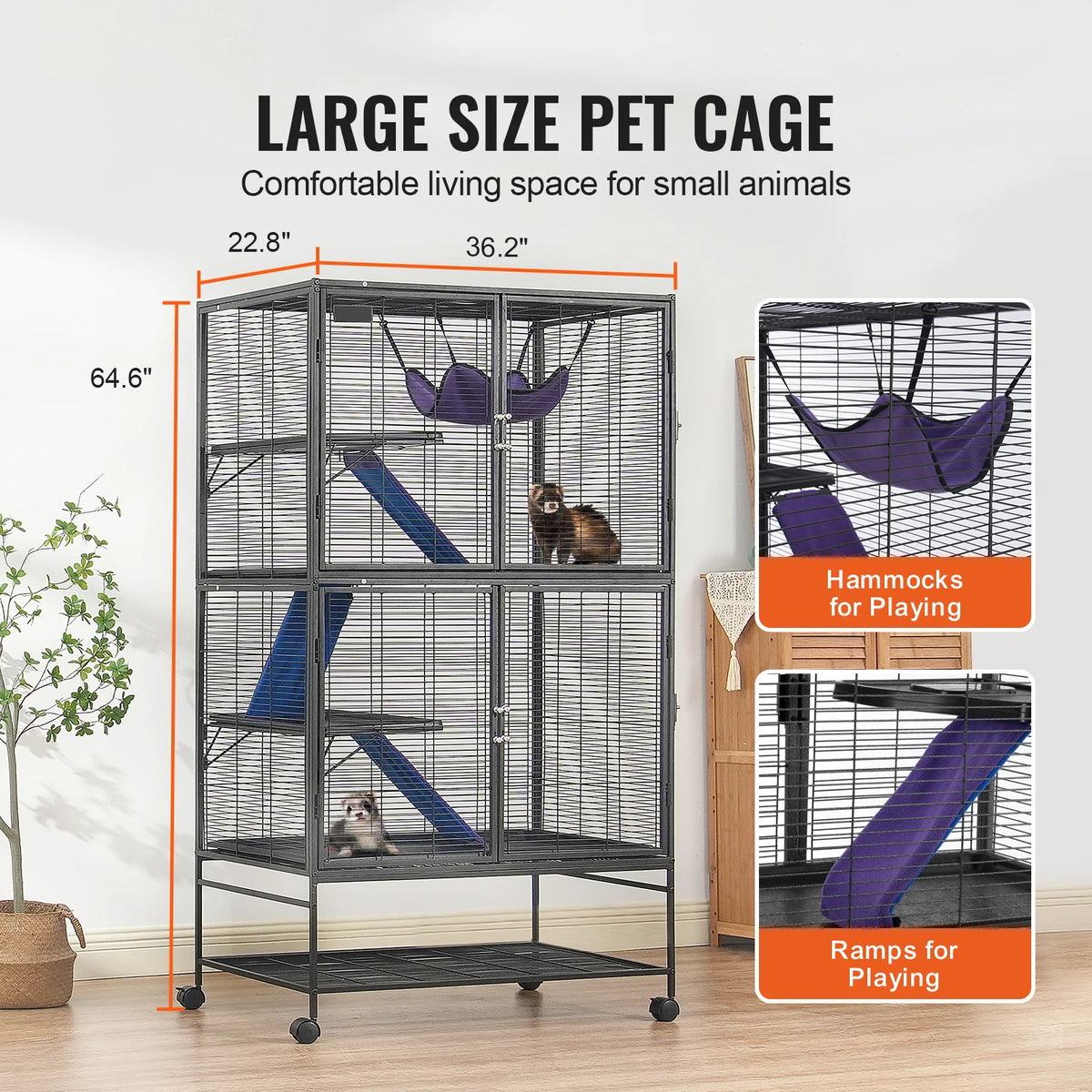 Rollender Metall-Kleintierкäfig 4-stöckig – Großer Käfig für Frettchen, Ratten, Hamster, Meerschweinchen & Chinchilla