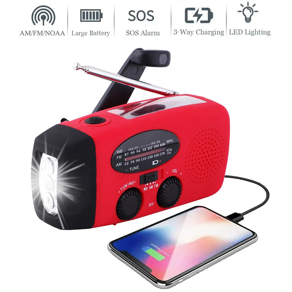 Solarbetriebenes Campinglicht mit AM/FM Radio – Handkurbel, USB, Rot