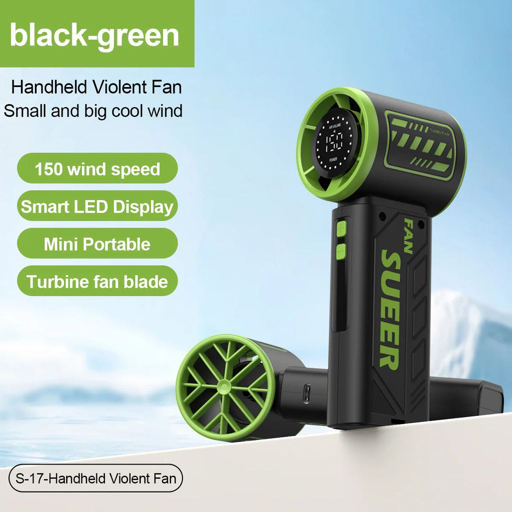 Mini Turbo Handventilator – 150 Stufen, 6000 mAh Akku, USB-C, LED-Display (Grün/Lila/Orange)