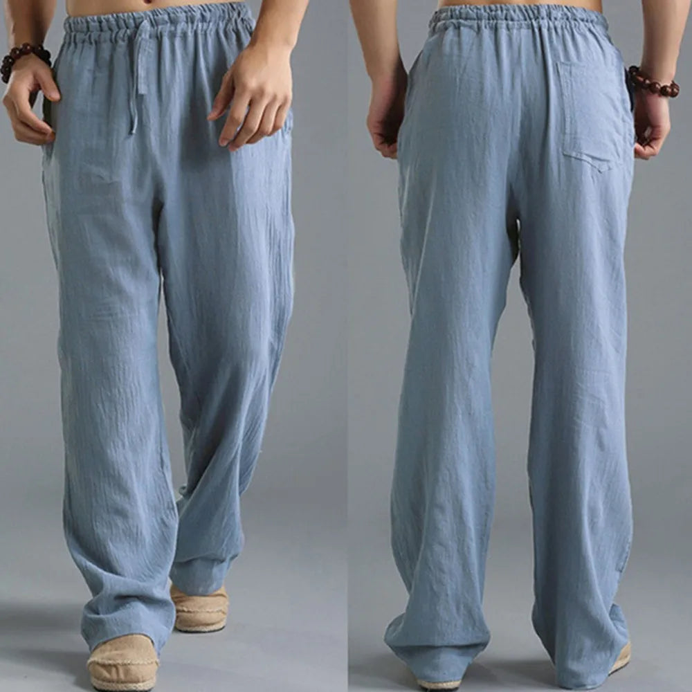 Herren Yogahose – Leichte Baumwoll-Leinen Hose mit Kordelzug