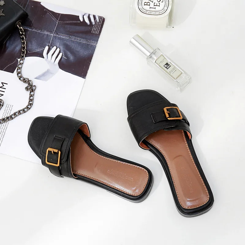 Damen Leder Sandalen – Flache Slides mit eckiger Zehenpartie