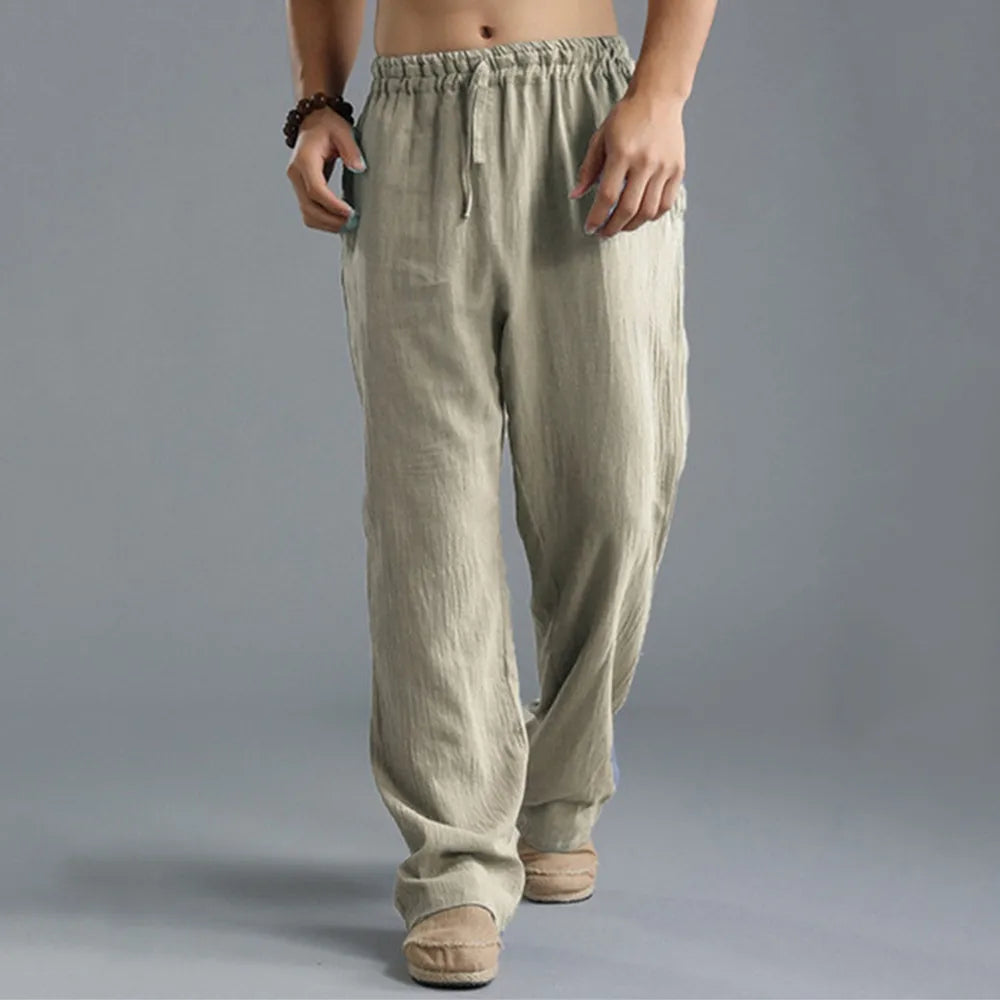 Herren Yogahose – Leichte Baumwoll-Leinen Hose mit Kordelzug