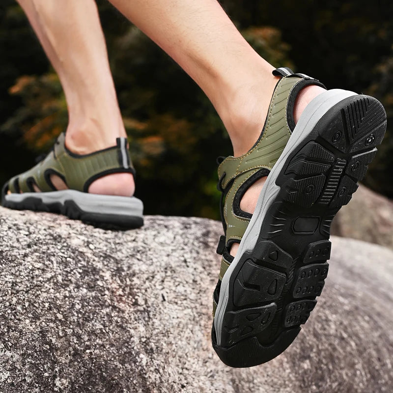 Herren Ledersandalen – Outdoor Wanderschuhe Sommer | Schwarz, Beige, Grün