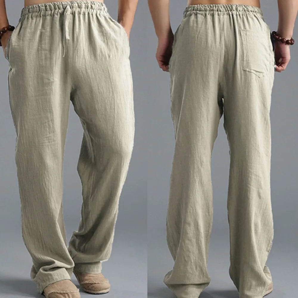 Herren Yogahose – Leichte Baumwoll-Leinen Hose mit Kordelzug