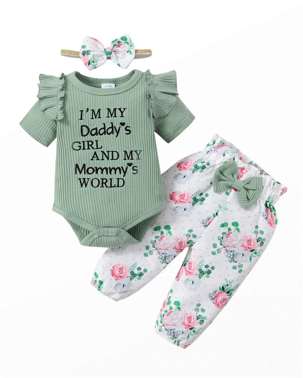 Baby Mädchen 3-teiliges Sommer-Set – Romper, Blumenhose & Haarband