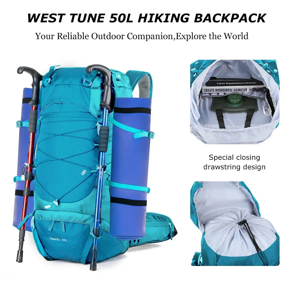 50L Wanderrucksack mit Regenhülle – Wasserdichter Trekkingrucksack in Blau