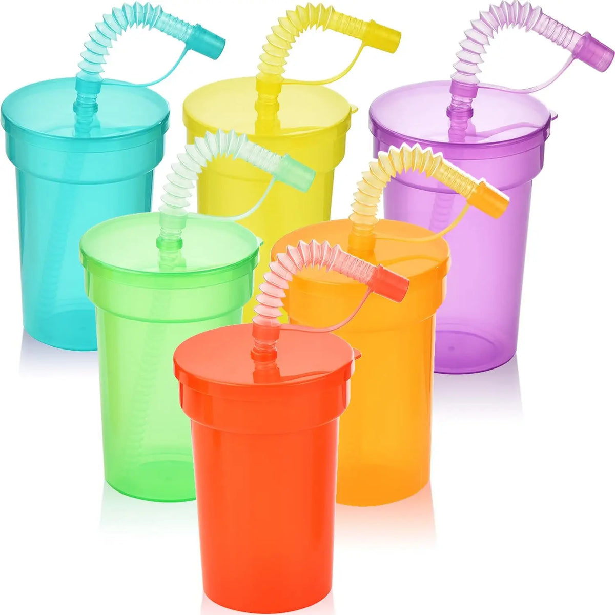 Bunte Party-Becher für Kinder – Neon mit Deckel & Strohhalm