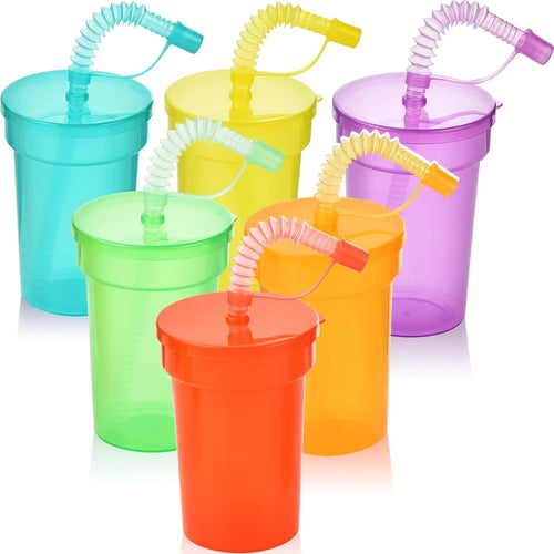 Bunte Party-Becher für Kinder – Neon mit Deckel & Strohhalm