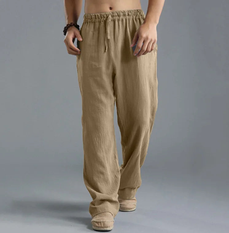 Herren Yogahose – Leichte Baumwoll-Leinen Hose mit Kordelzug