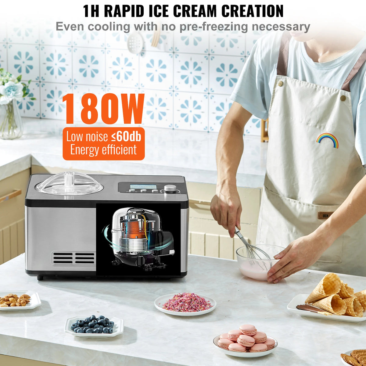 Automatische Eismaschine mit eingebautem Kompressor – 2 Quart, kein Vorfrieren, für Eis, Sorbet & Frozen Yogurt