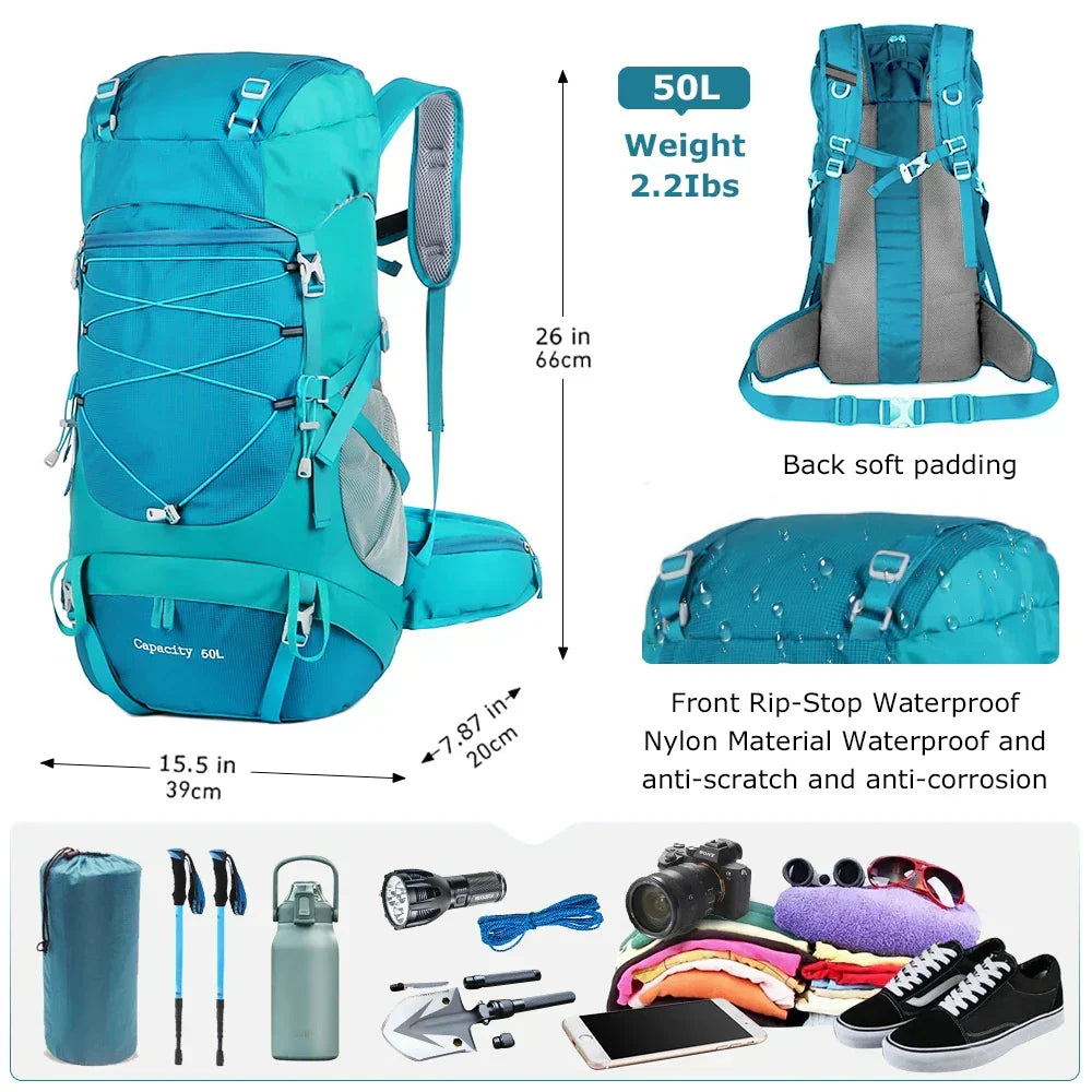 50L Wanderrucksack mit Regenhülle – Wasserdichter Trekkingrucksack in Blau