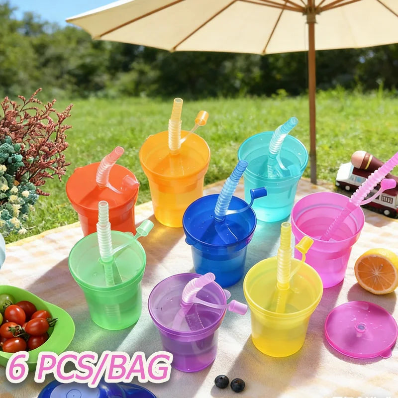 Bunte Party-Becher für Kinder – Neon mit Deckel & Strohhalm