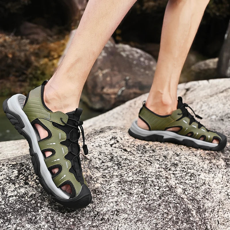 Herren Ledersandalen – Outdoor Wanderschuhe Sommer | Schwarz, Beige, Grün