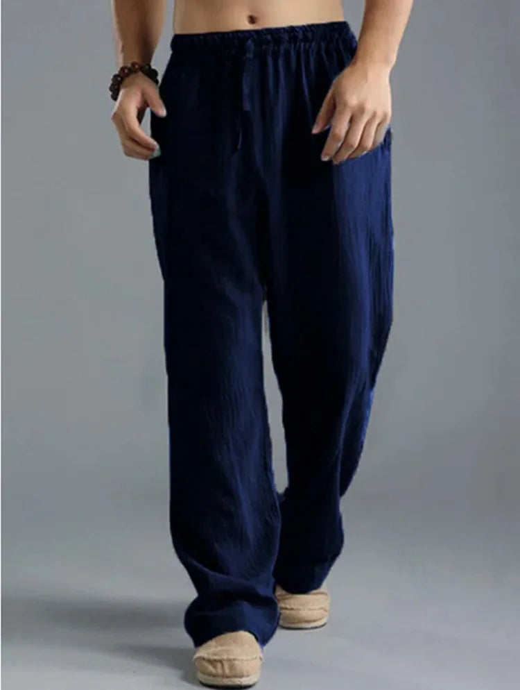Herren Yogahose – Leichte Baumwoll-Leinen Hose mit Kordelzug