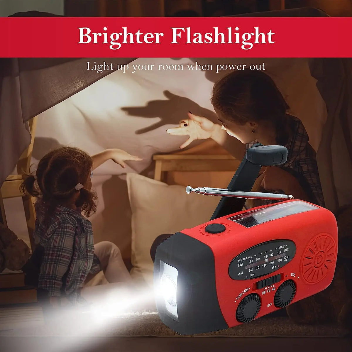 Solarbetriebenes Campinglicht mit AM/FM Radio – Handkurbel, USB, Rot