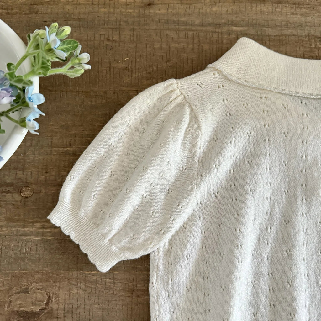 Mädchen Strickbluse Kurzarm mit Schleife – Korean Style, Baumwolle (2–7 Jahre)