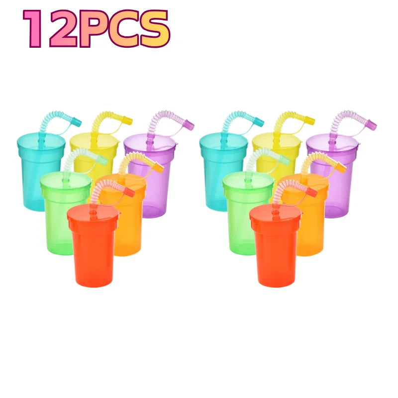 Bunte Party-Becher für Kinder – Neon mit Deckel & Strohhalm