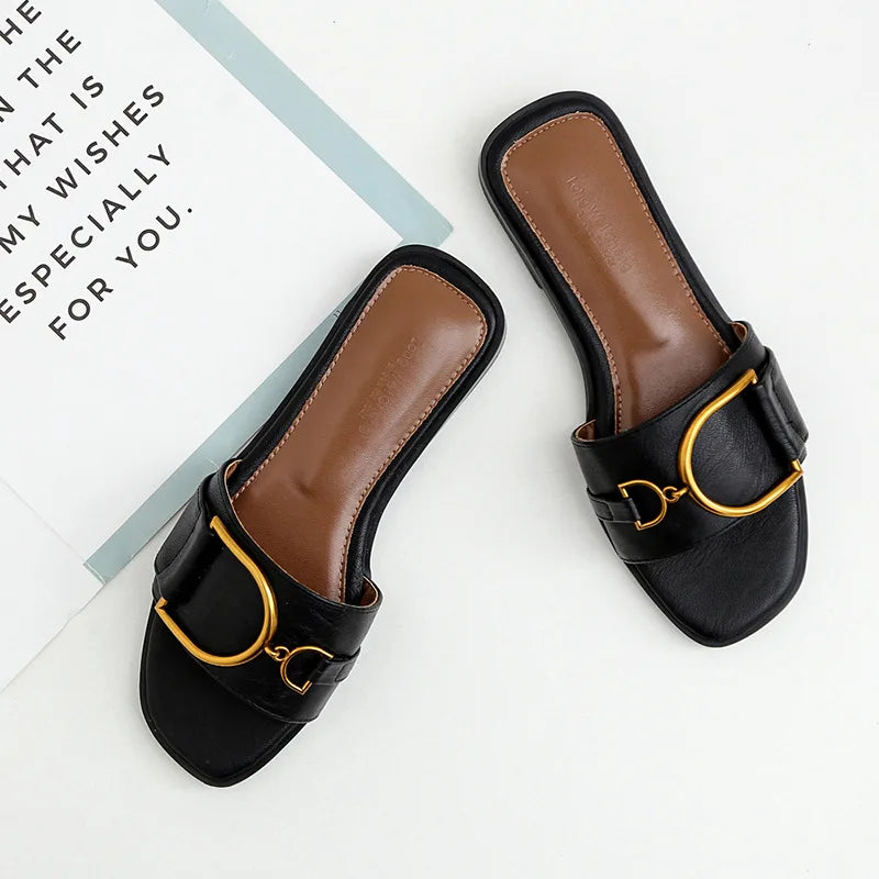 Damen Leder Sandalen – Flache Slides mit eckiger Zehenpartie