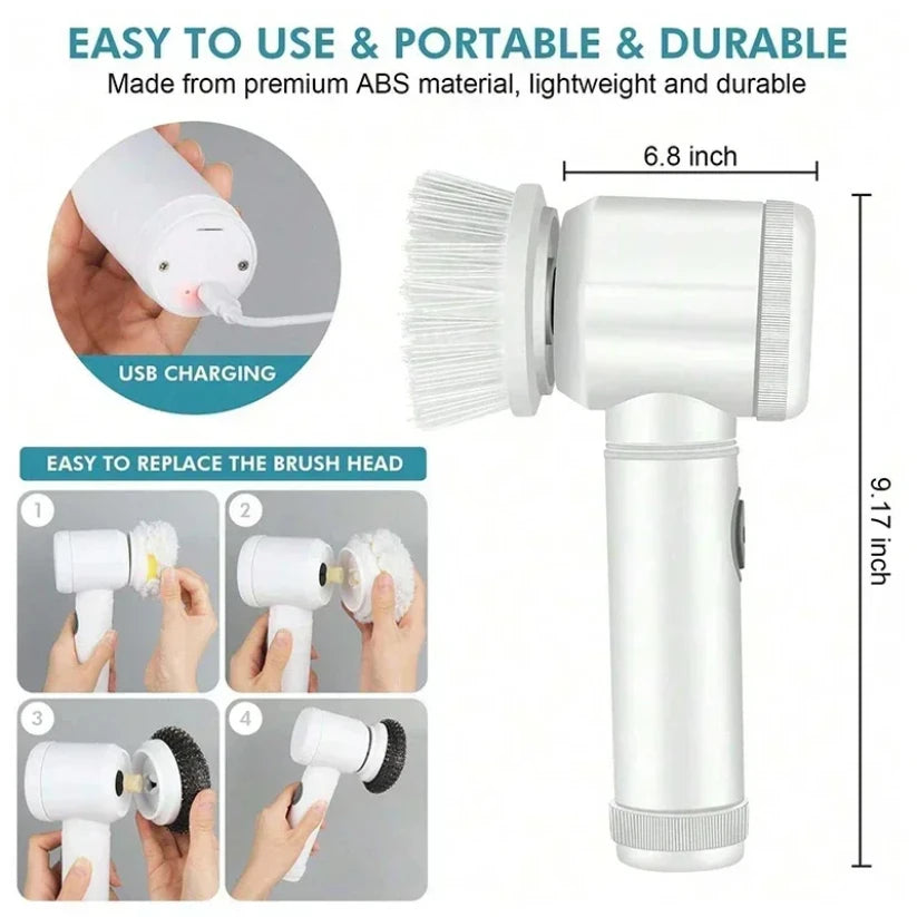 Elektrische Reinigungsbürste 5-in-1 – USB-aufladbar, 5 Wechselköpfe (Bad, Küche, WC)