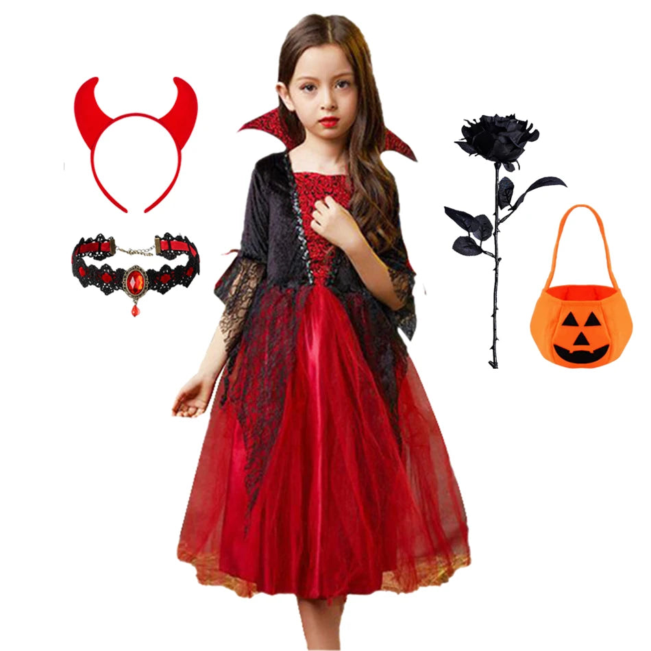 Halloween Kostüm Mädchen – Geisterbraut Mesh-Kleid mit Zubehör (110–160 cm)