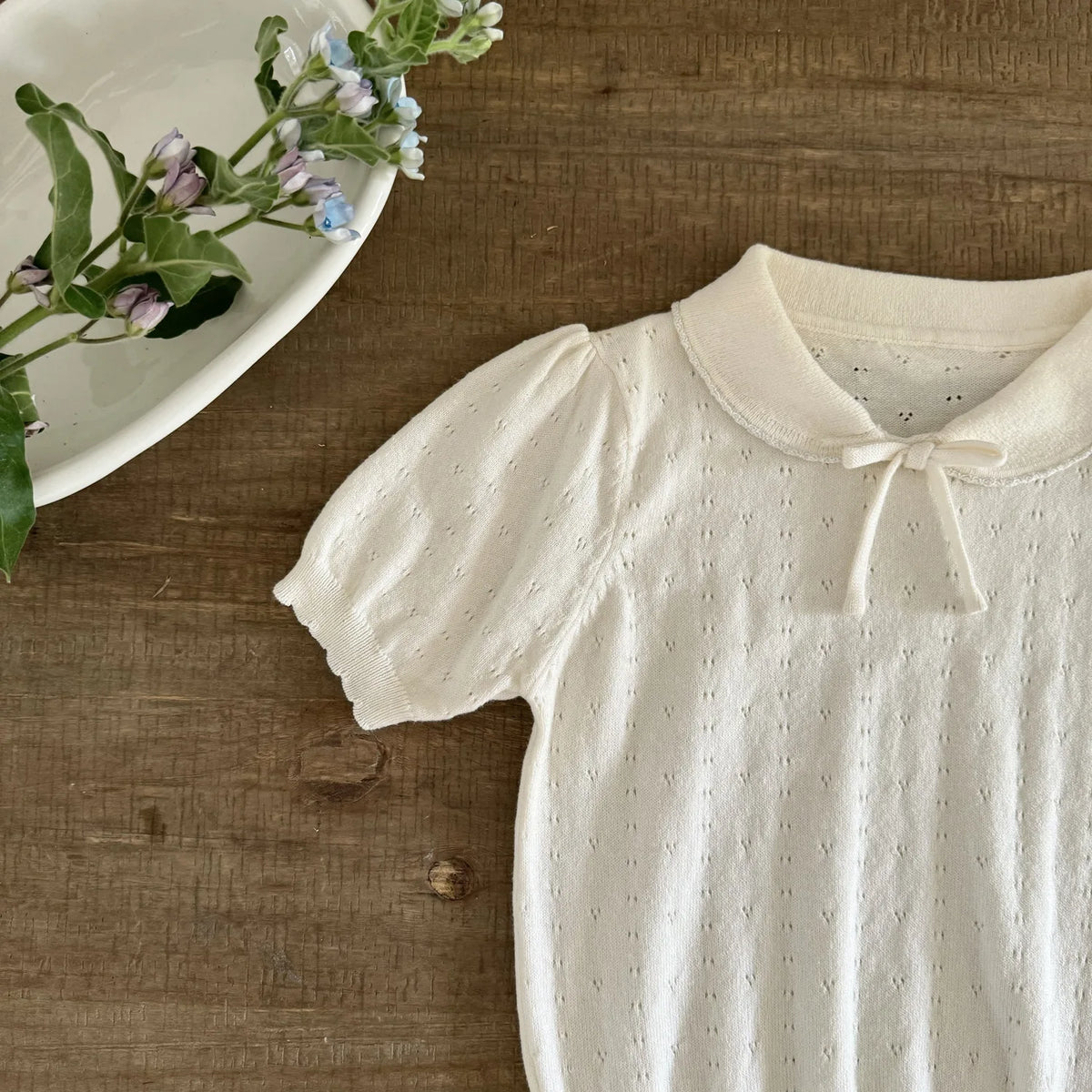 Mädchen Strickbluse Kurzarm mit Schleife – Korean Style, Baumwolle (2–7 Jahre)