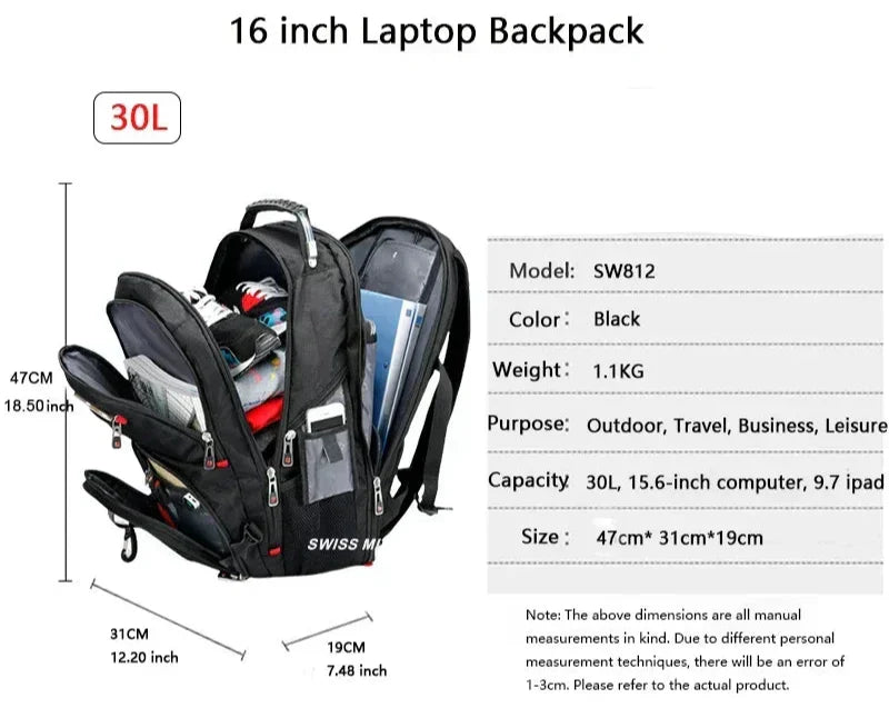 Reise Rucksack 30L mit USB-Ladeanschluss – Atmungsaktiv, Wasserdicht, Schwarz