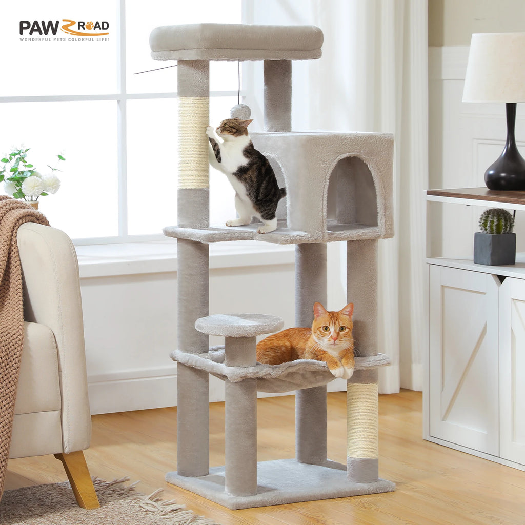 Mehrstöckiger Kratzbaum mit Sisal-Kratzpfosten – Kuschelhöhle, Hängematte & Plattformen für Katzen (Größe S)