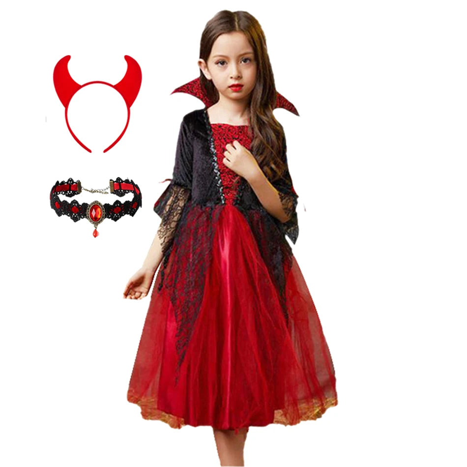 Halloween Kostüm Mädchen – Geisterbraut Mesh-Kleid mit Zubehör (110–160 cm)
