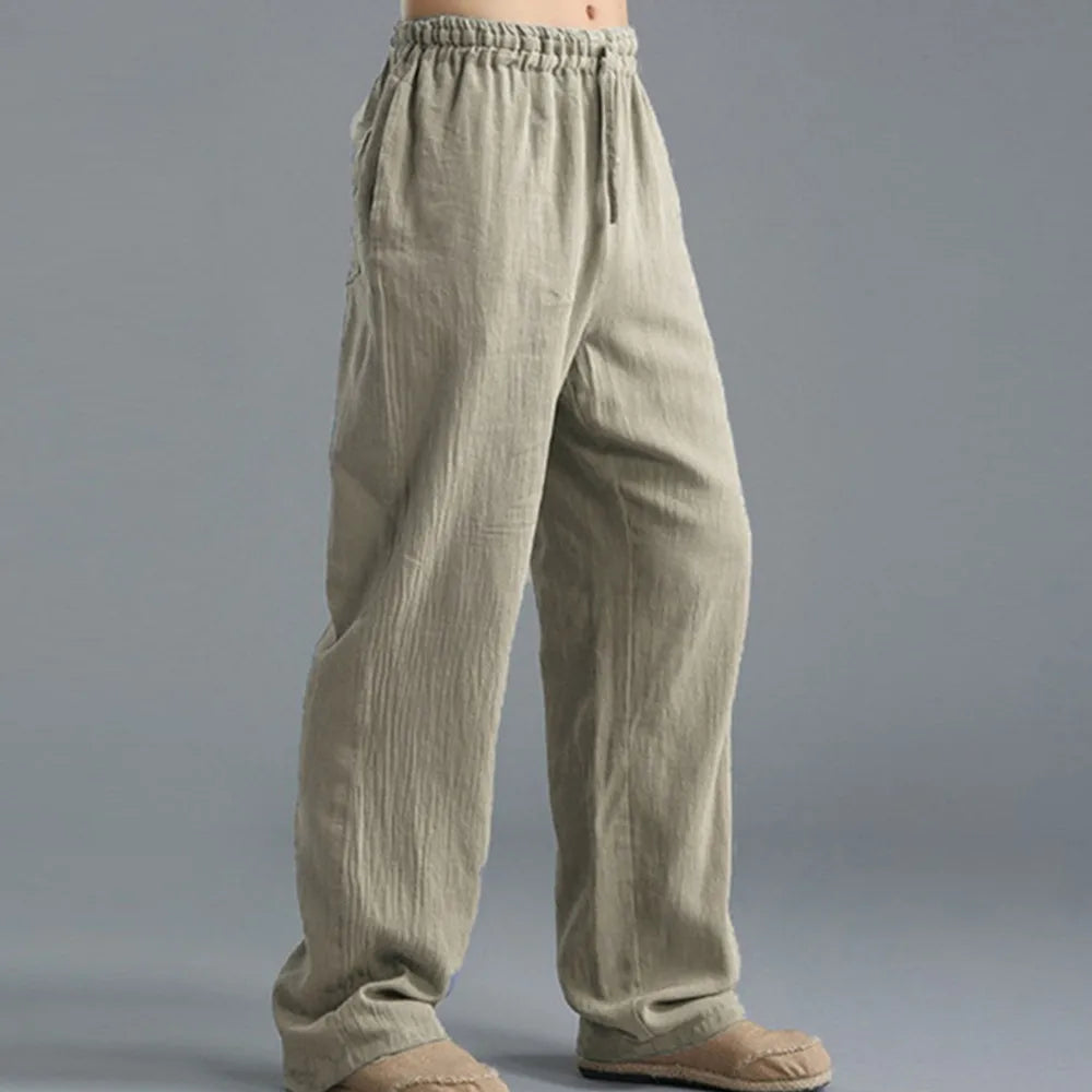 Herren Yogahose – Leichte Baumwoll-Leinen Hose mit Kordelzug
