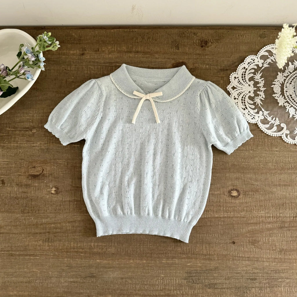 Mädchen Strickbluse Kurzarm mit Schleife – Korean Style, Baumwolle (2–7 Jahre)