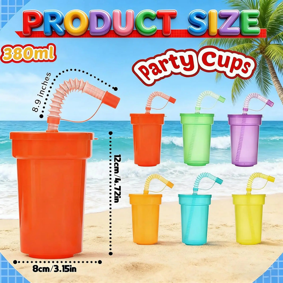 Bunte Party-Becher für Kinder – Neon mit Deckel & Strohhalm