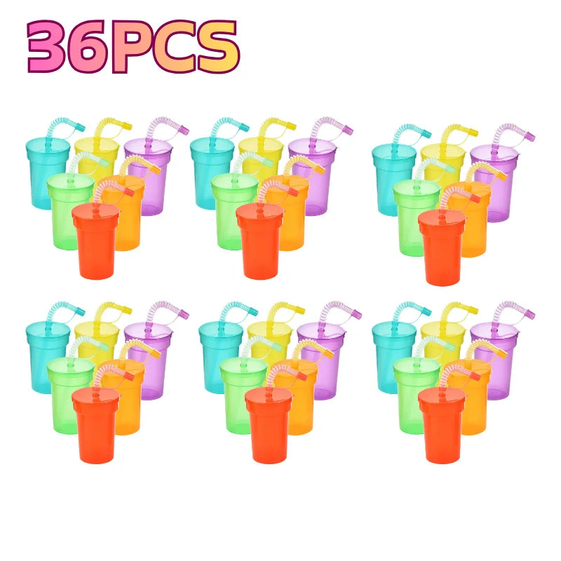 Bunte Party-Becher für Kinder – Neon mit Deckel & Strohhalm