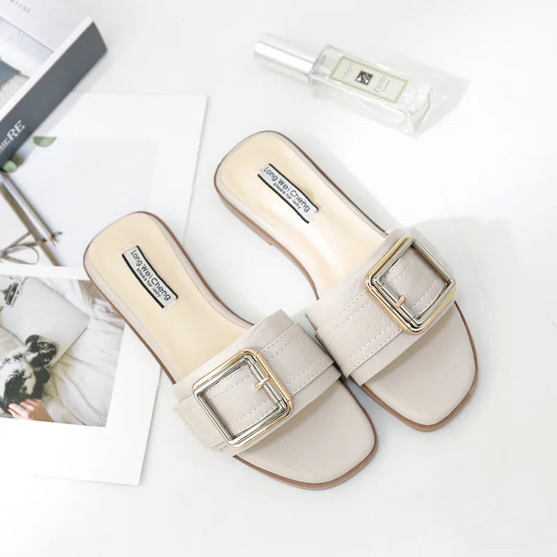 Damen Leder Sandalen – Flache Slides mit eckiger Zehenpartie