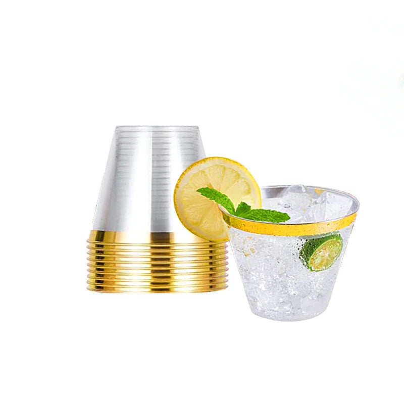 Goldrand-Plastikbecher 9 Oz – Transparente Einweggläser für Hochzeit, Party & Cocktails (10/50/100 Stück)