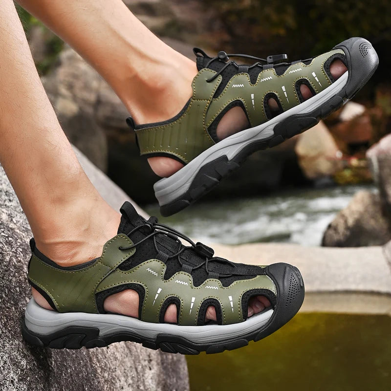 Herren Ledersandalen – Outdoor Wanderschuhe Sommer | Schwarz, Beige, Grün