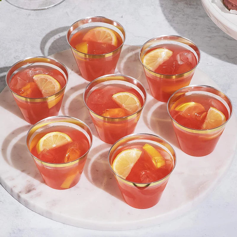 Goldrand-Plastikbecher 9 Oz – Transparente Einweggläser für Hochzeit, Party & Cocktails (10/50/100 Stück)