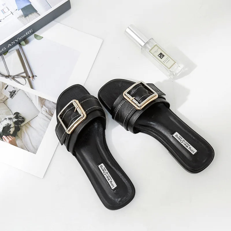 Damen Leder Sandalen – Flache Slides mit eckiger Zehenpartie