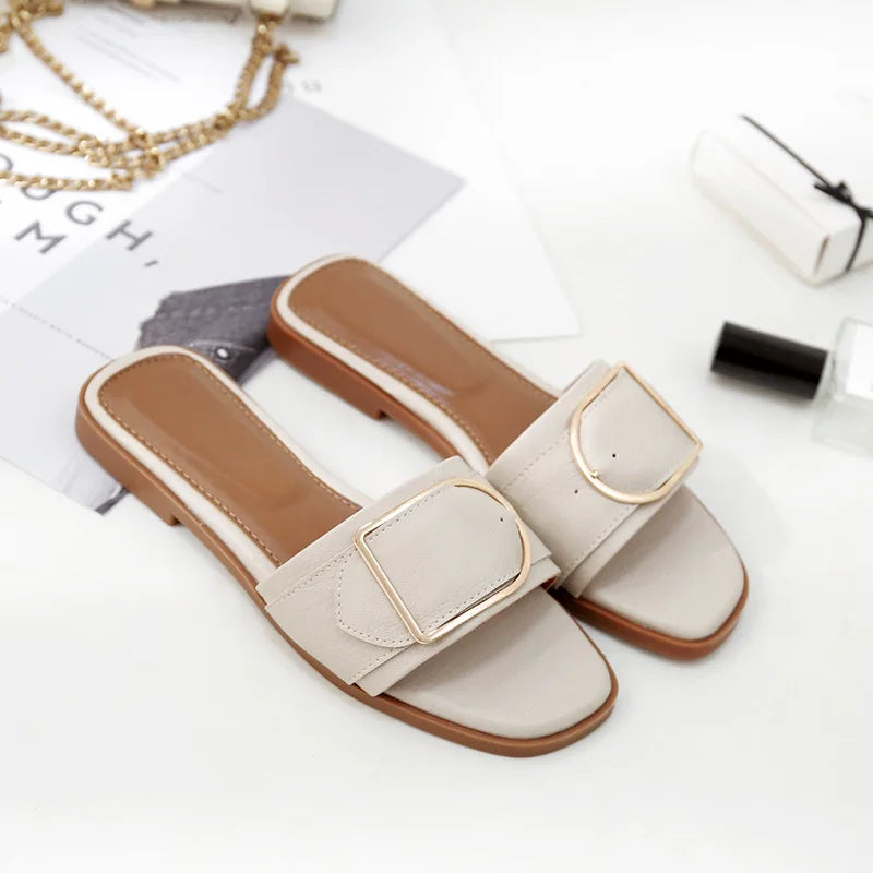 Damen Leder Sandalen – Flache Slides mit eckiger Zehenpartie