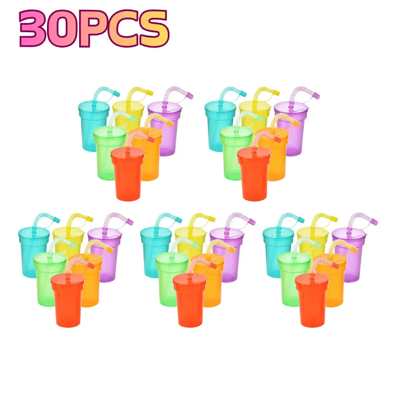 Bunte Party-Becher für Kinder – Neon mit Deckel & Strohhalm