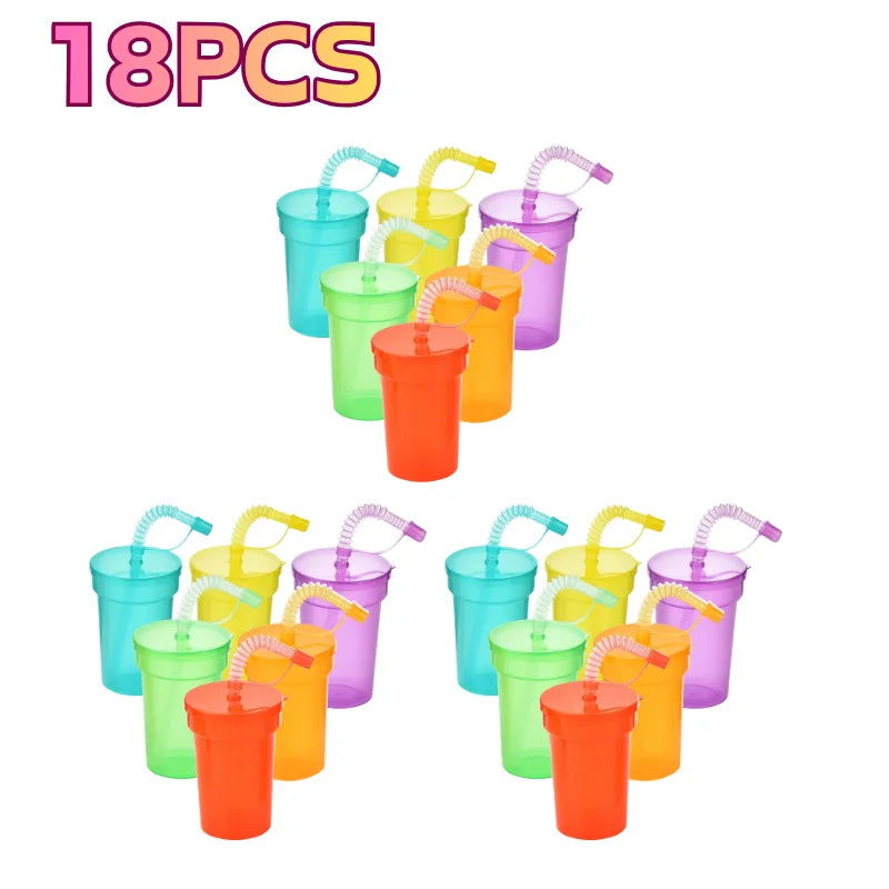 Bunte Party-Becher für Kinder – Neon mit Deckel & Strohhalm