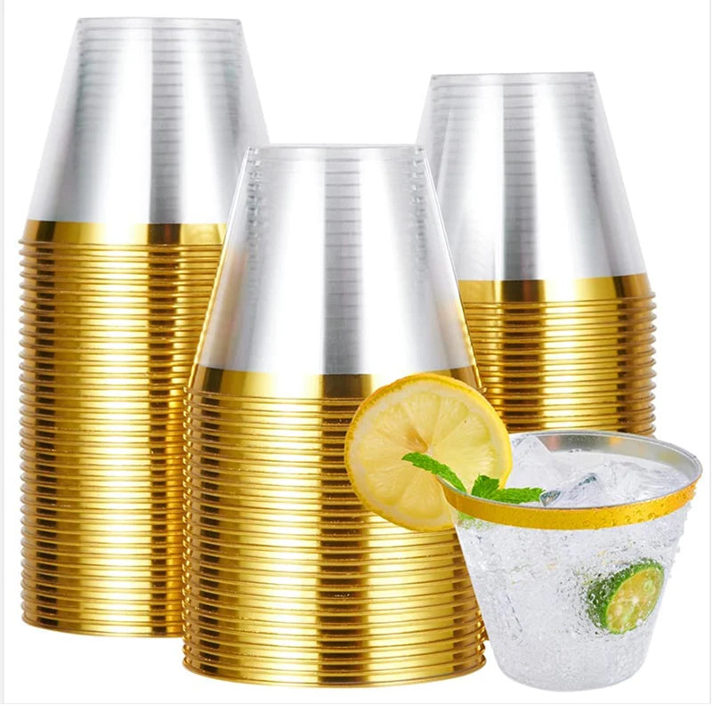 Goldrand-Plastikbecher 9 Oz – Transparente Einweggläser für Hochzeit, Party & Cocktails (10/50/100 Stück)