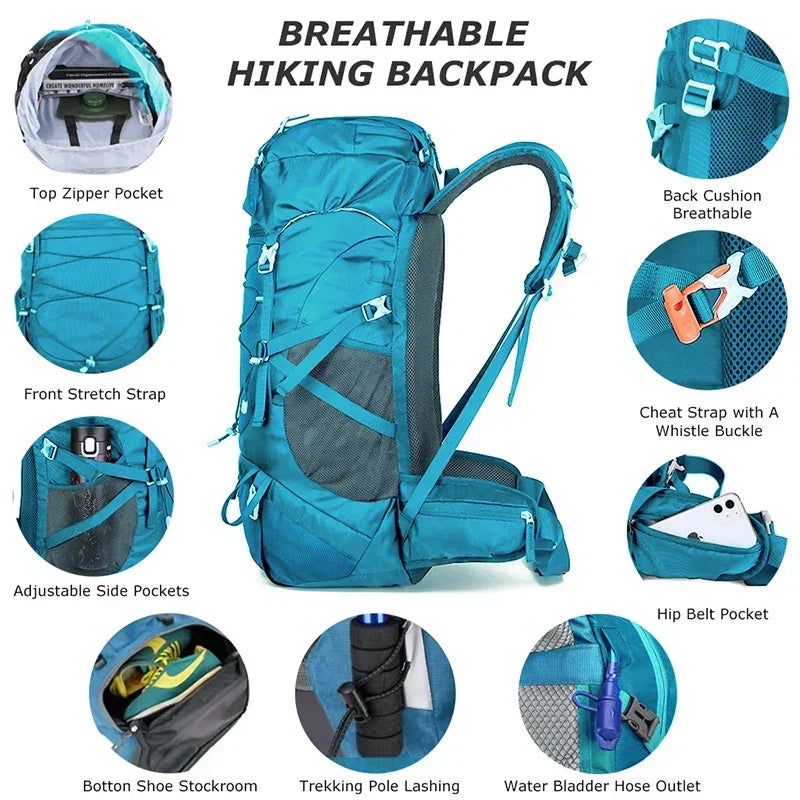 50L Wanderrucksack mit Regenhülle – Wasserdichter Trekkingrucksack in Blau