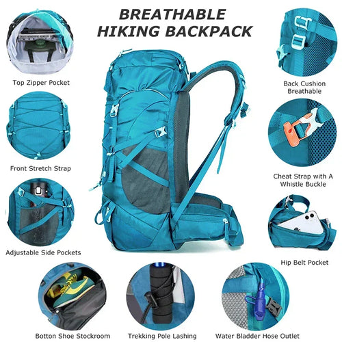 50L Wanderrucksack mit Regenhülle – Wasserdichter Trekkingrucksack in Blau