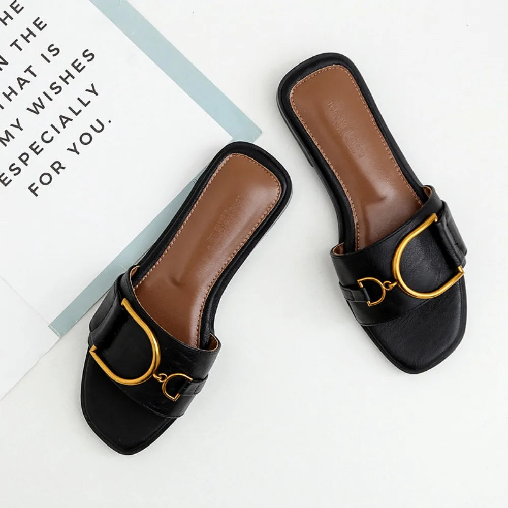Damen Leder Sandalen – Flache Slides mit eckiger Zehenpartie
